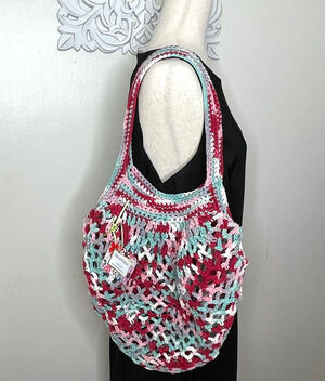 Crochet Market Tote Bag Handbag Handmade 100% COTTON Full Bloom Red Aqua NEW